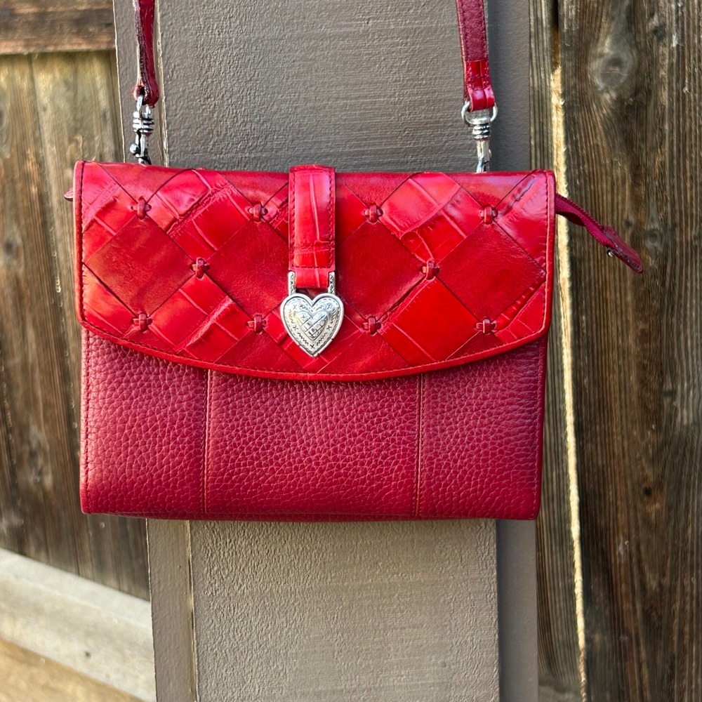 Vintage Brighton Red Leather Heart Organizer Crossbody Wallet Y2K